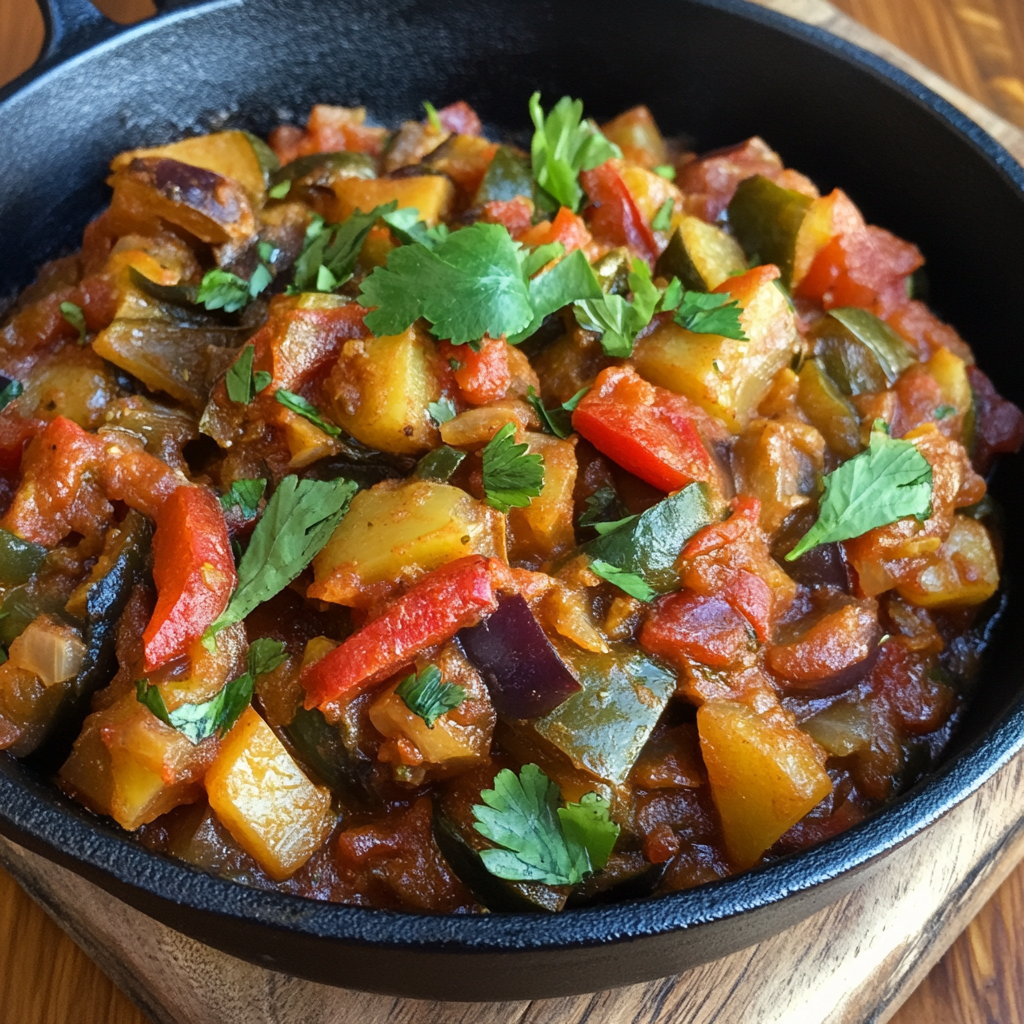 A flavorful Spanish pisto, a vegetable stew made with zucchini, peppers, eggplant, and tomatoes, garnished with fresh cilantro, served in a skillet.