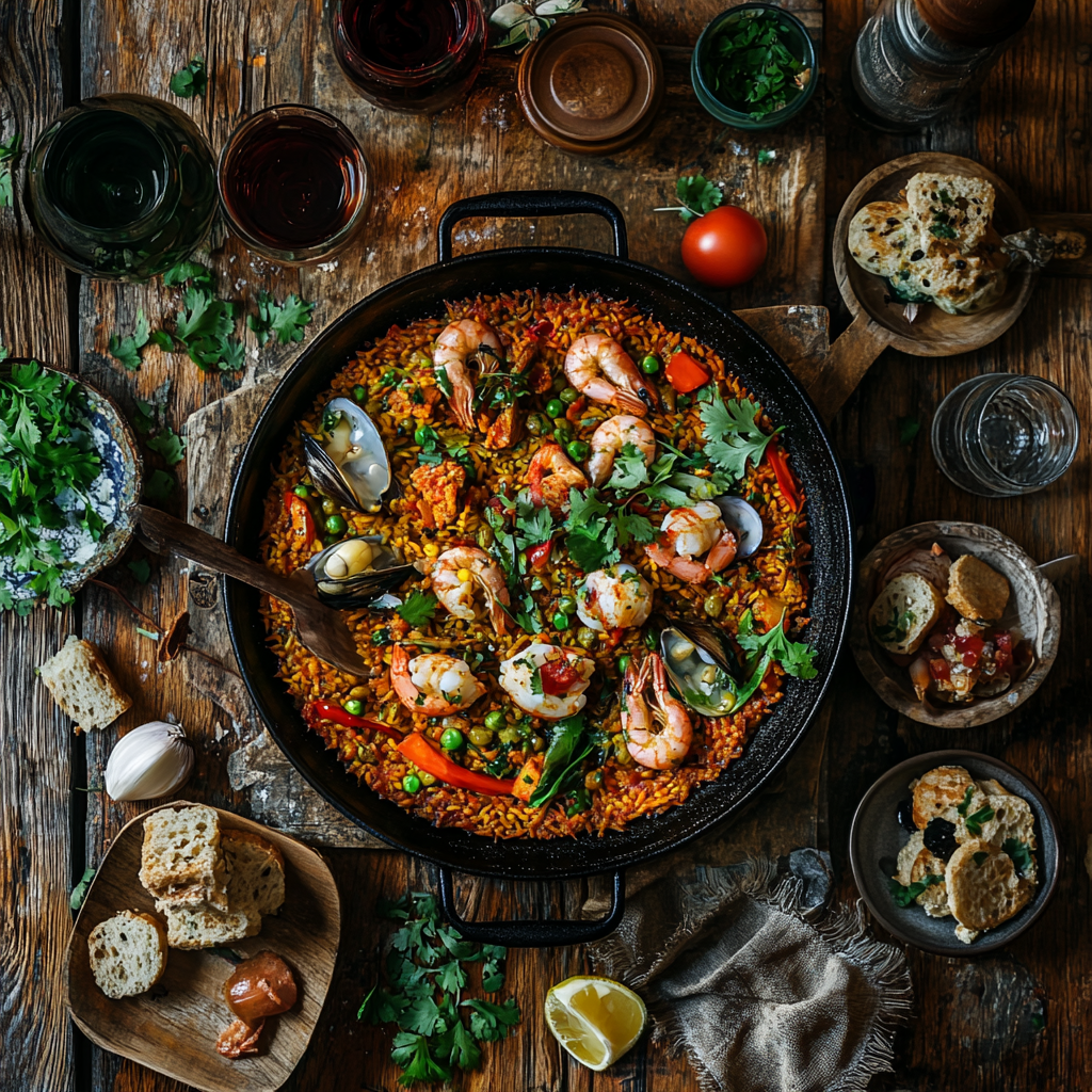 Top 10 Irresistible Spanish Recipes Americans Adore Now 2 A traditional Spanish seafood paella with shrimp, mussels, peas, and colorful vegetables, served in a paella pan with fresh cilantro and lemon slices."Description: "A mouthwatering Spanish seafood paella, featuring succulent shrimp, mussels, and a mix of vibrant vegetables like bell peppers and peas. The dish is garnished with fresh cilantro and accompanied by crusty bread and a side of dipping sauces, creating a perfect Mediterranean dining experience.