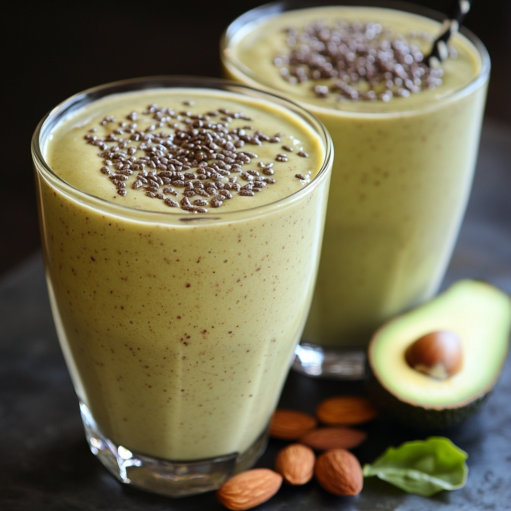 Two glasses of creamy avocado and almond smoothie topped with chia seeds, illustrating energizing recipes.