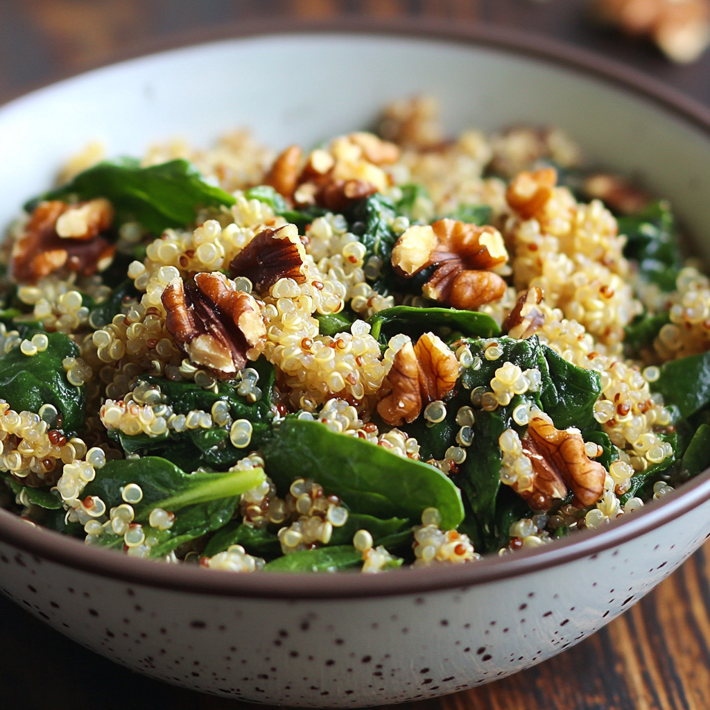 7 Energizing Recipes to Boost Mental Clarity and Physical Health 4 A bowl of quinoa and spinach salad topped with walnuts, representing energizing recipes.