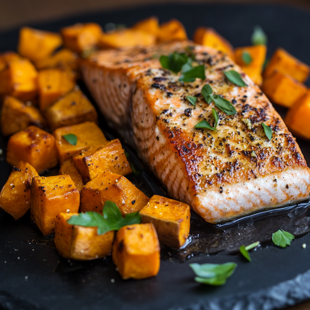 Grilled Salmon with Roasted Sweet Potatoes - Energizing meal to boost mental clarity and physical health