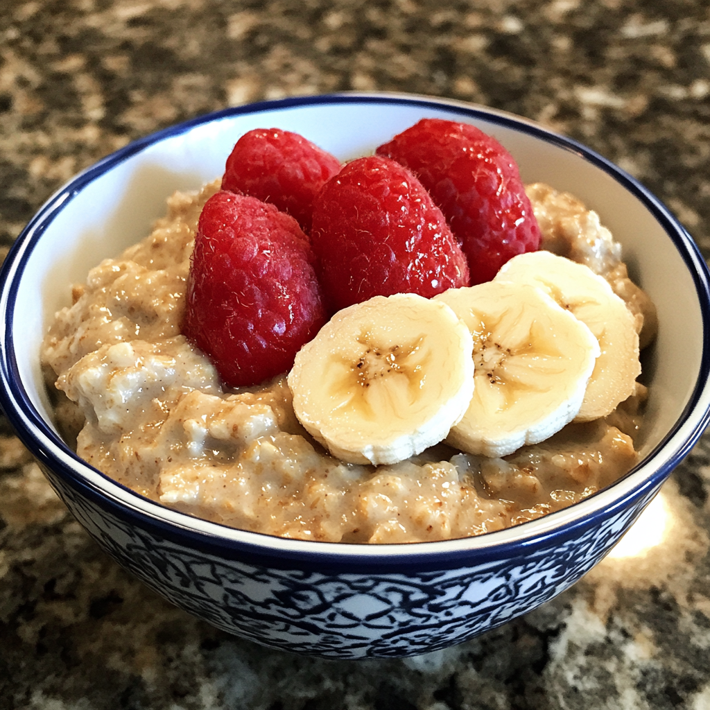  Energizing oats and banana power bowl with a vibrant combination of banana slices, chia seeds, granola, peanut butter, and fresh berries, served in a white bowl on a bright wooden surface. Perfect for a nutritious breakfast or snack.