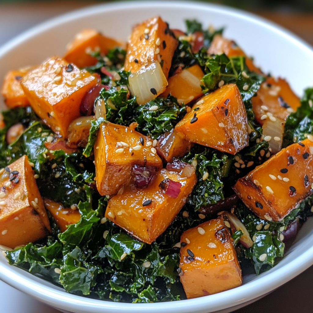  Sweet potato and kale stir-fry served in a white bowl, featuring tender sweet potato cubes, sautéed kale, red onions, and sesame seeds. A vibrant and nutritious plant-based dish.