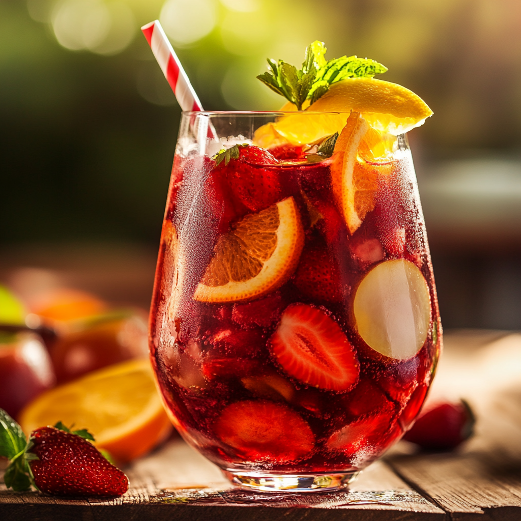 A refreshing glass of sangria filled with fresh strawberries, oranges, and mint leaves, served with a striped straw.