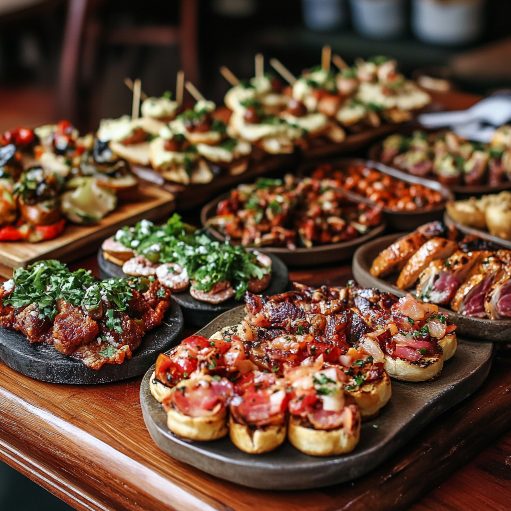 A variety of delicious Spanish tapas including grilled vegetables, shrimp, and cured meats, served on rustic plates with fresh herbs and garnishes.