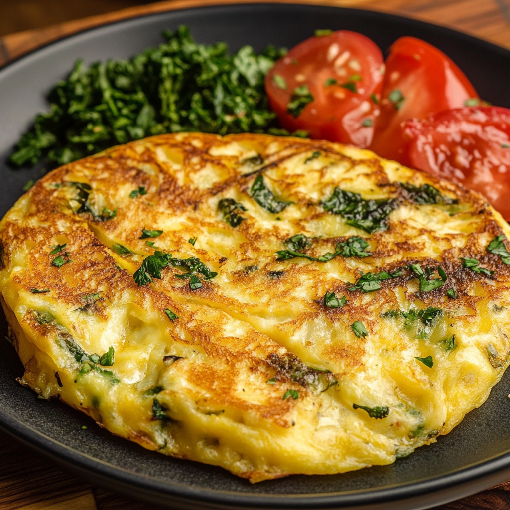 A Spanish tortilla (omelette) made with potatoes, onions, and fresh herbs, served with a side of tomatoes and greens on a black plate.