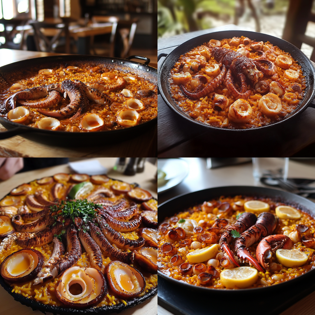 Image of a delicious paella, one of the star dishes of Irresistible Spanish Recipes, prepared with fresh seafood, aromatic rice, and spices, perfect for any special occasion.