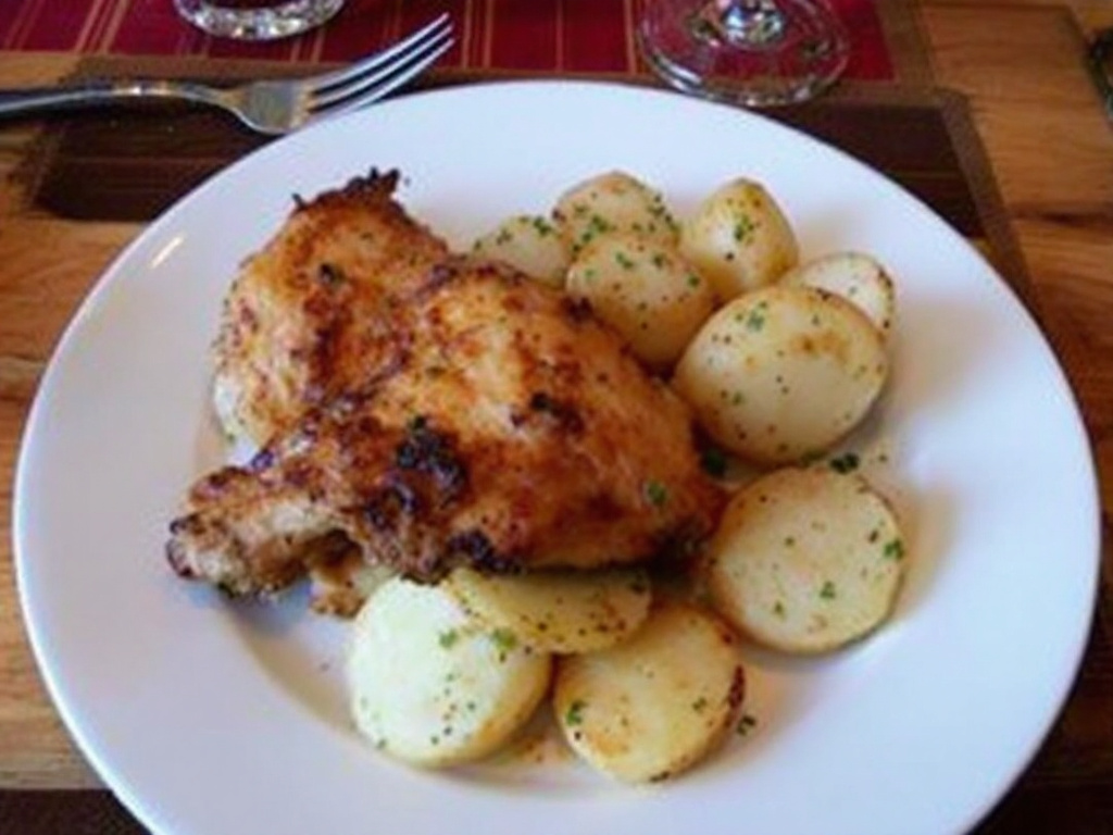 Chicken and Potatoes: A hearty dish featuring tender chicken and golden potatoes, seasoned with herbs and spices.