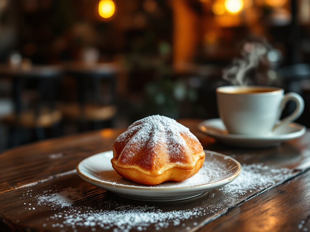 A plate of fluffy Typical New Orleans beignets covered in powdered sugar.