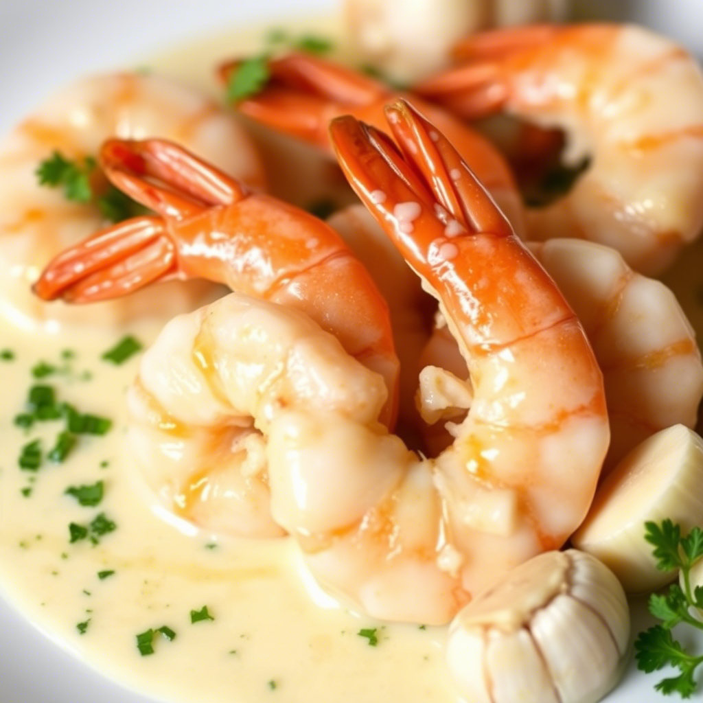 Escribe su título, su alt text incluyendo la siguiente focus keyword: "Creamy Garlic Shrimp". Escribe también su caption y su descripción. Todo en inglés