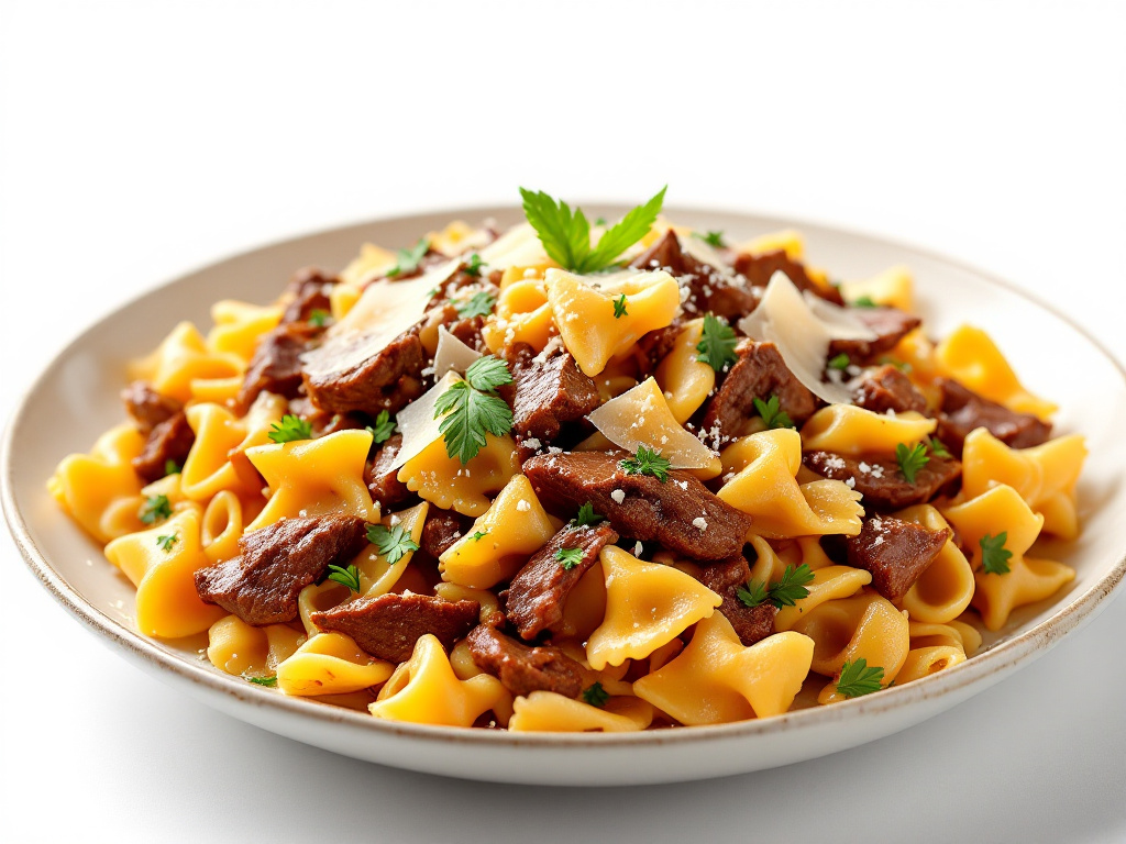 A delicious plate of Beef and Bowtie Pasta, showcasing tender beef mixed with bowtie pasta, garnished with fresh herbs and Parmesan cheese, presented on a clean background.