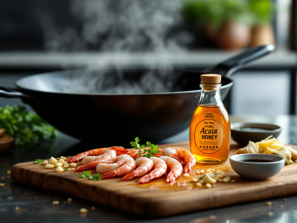 A display of essential ingredients for Honey Garlic Shrimp, including shrimp, honey, garlic, soy sauce, ginger, and optional additions, arranged neatly on a kitchen counter.