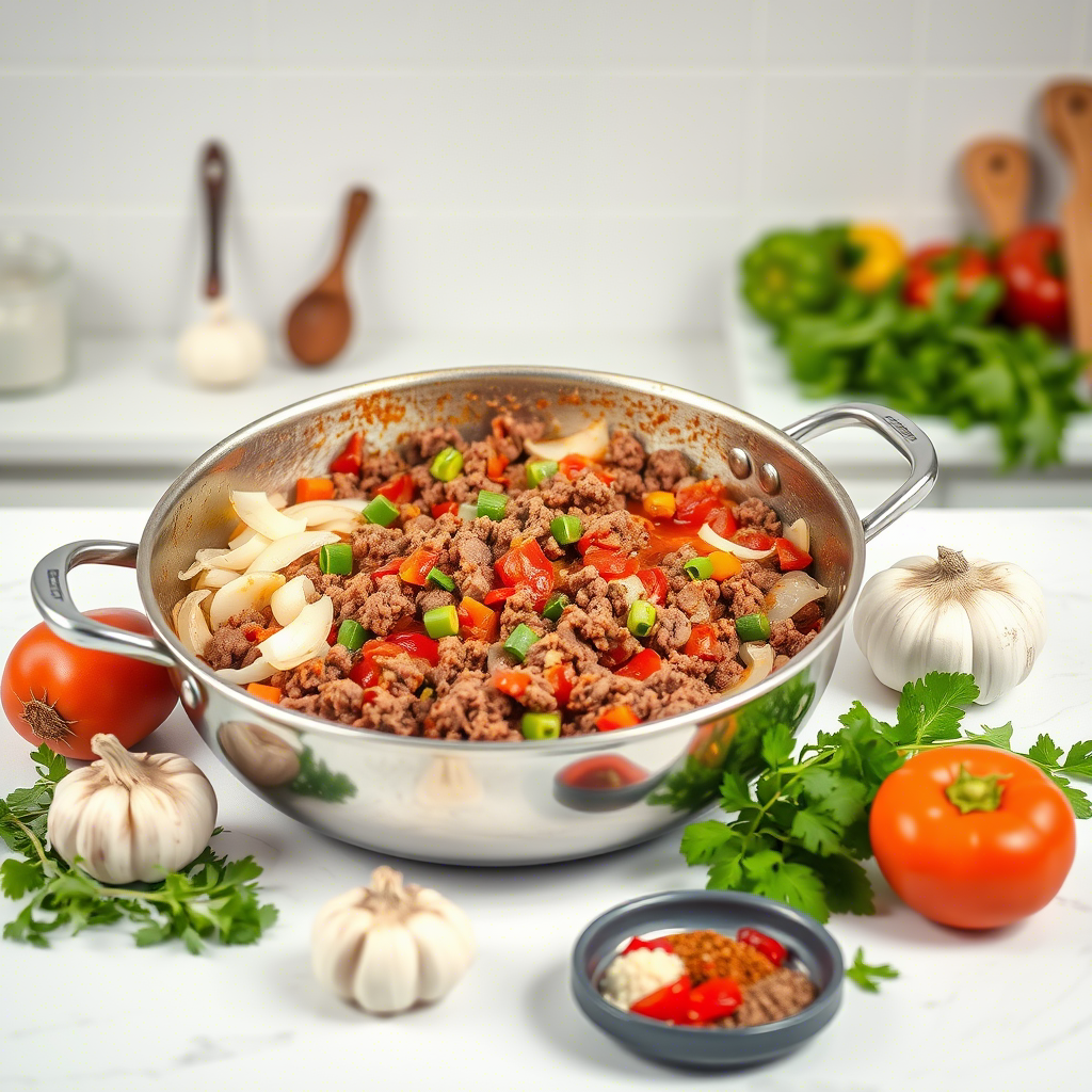 A skillet filled with a savory ground beef stir-fry, featuring diced tomatoes, bell peppers, onions, and garlic, surrounded by fresh tomatoes, garlic bulbs, and parsley.