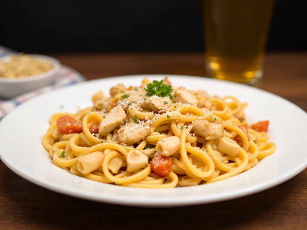 Chicken Pasta recipe with tender chicken and creamy sauce.