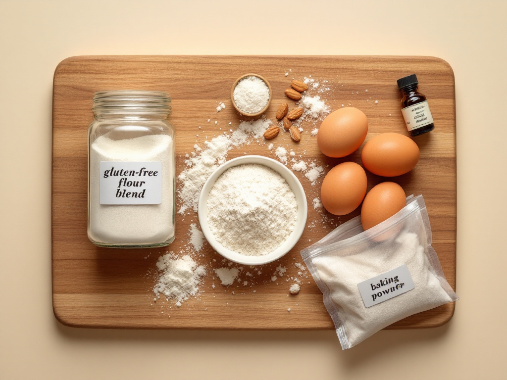 Key ingredients for making gluten-free desserts, including gluten-free flour blend, almond flour, coconut sugar, eggs, baking powder, vanilla extract, and milk.