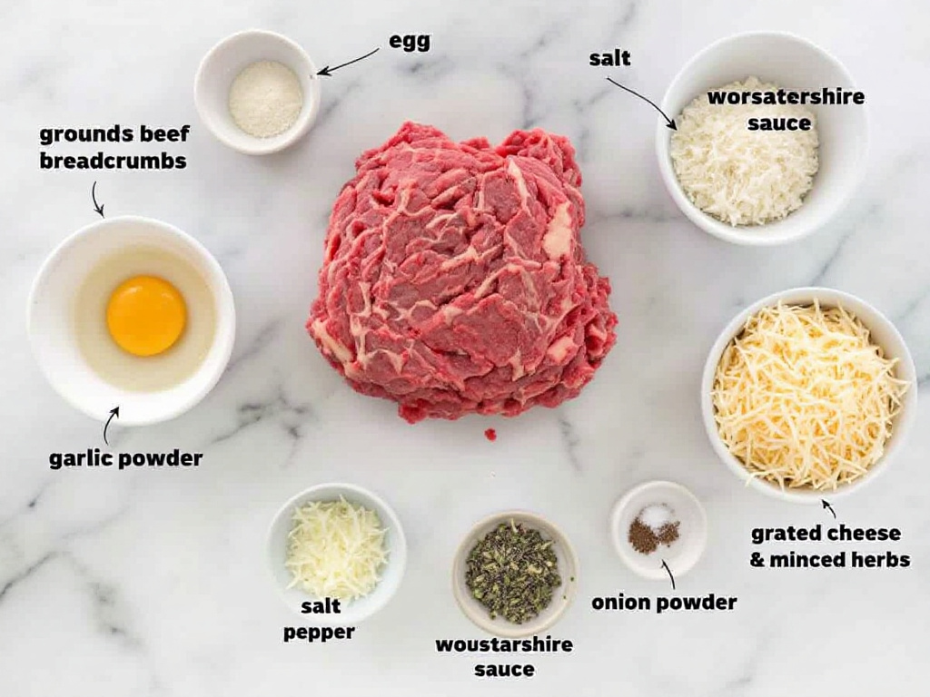 Ground Beef Recipe Ingredients including Ground Beef, Egg, Breadcrumbs, Worcestershire Sauce, Salt, Pepper, Garlic powder, Onion powder, Grated cheese, and Minced herbs.