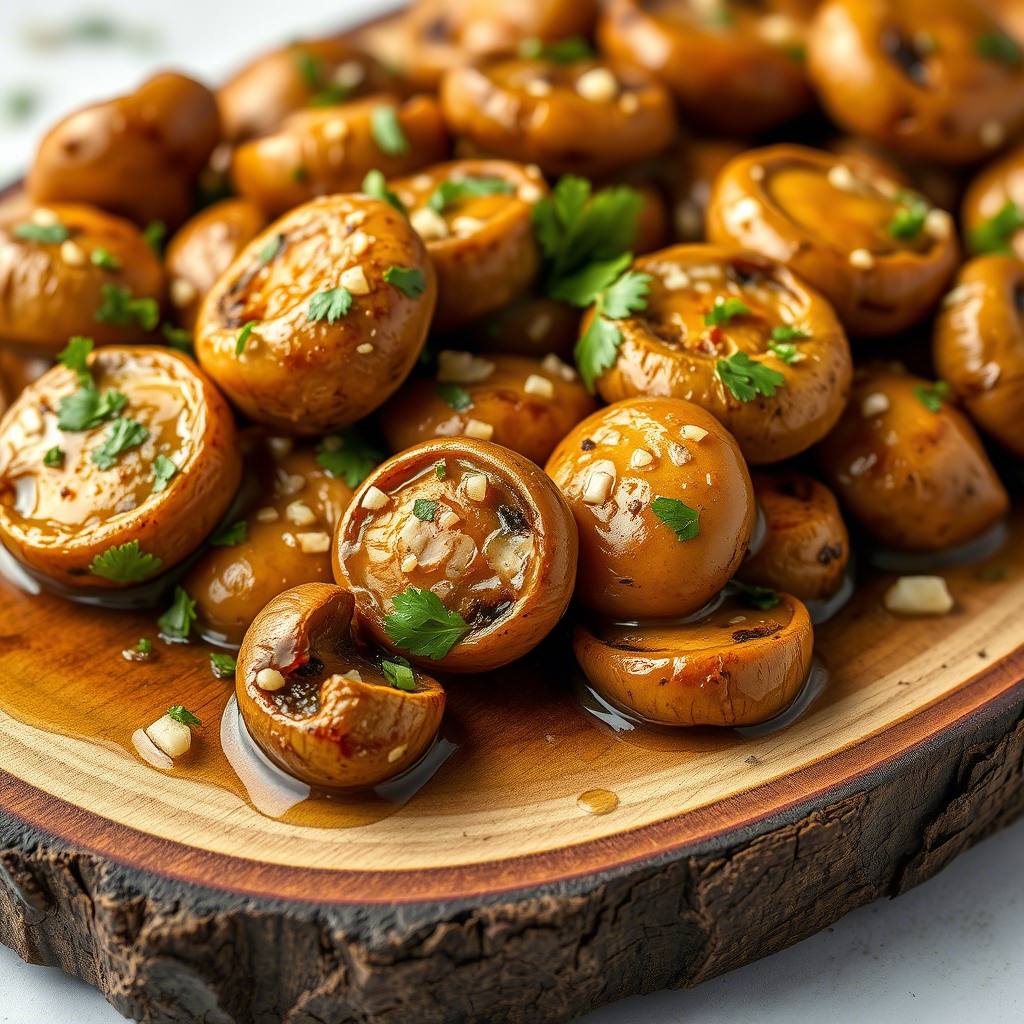 Shiny Garlic Mushrooms with parsley and garlic bits on a wooden board, glistening with flavor.