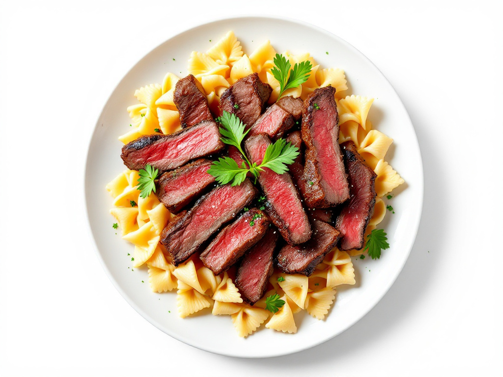 A delicious plate of Beef and Bowtie Pasta, beautifully presented with tender beef slices and perfectly cooked bowtie pasta, garnished for a delightful weeknight meal.