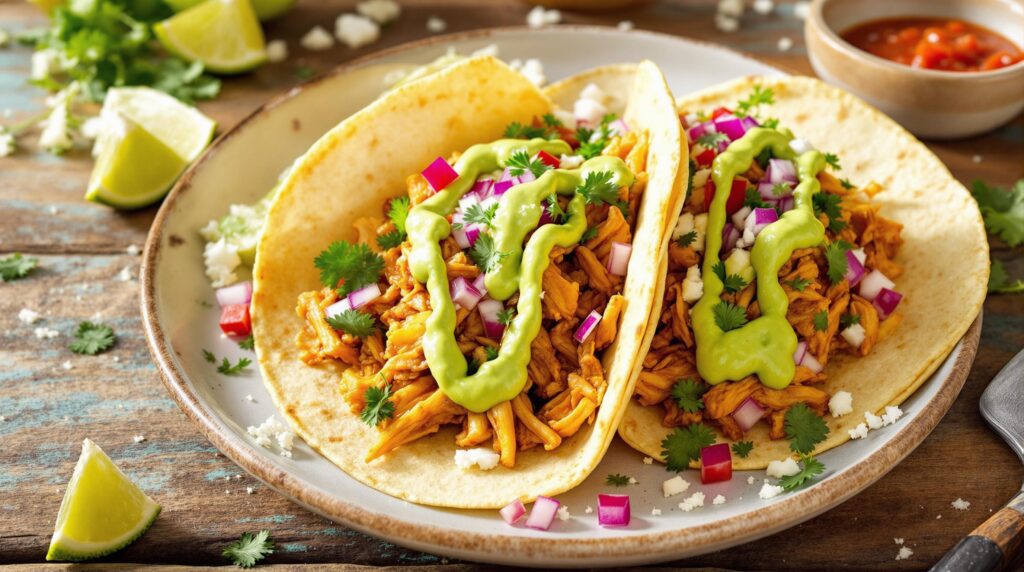 Jackfruit "chicken" tacos with shredded jackfruit, fresh toppings, and lime wedges, showcasing jackfruit as a meat substitute.