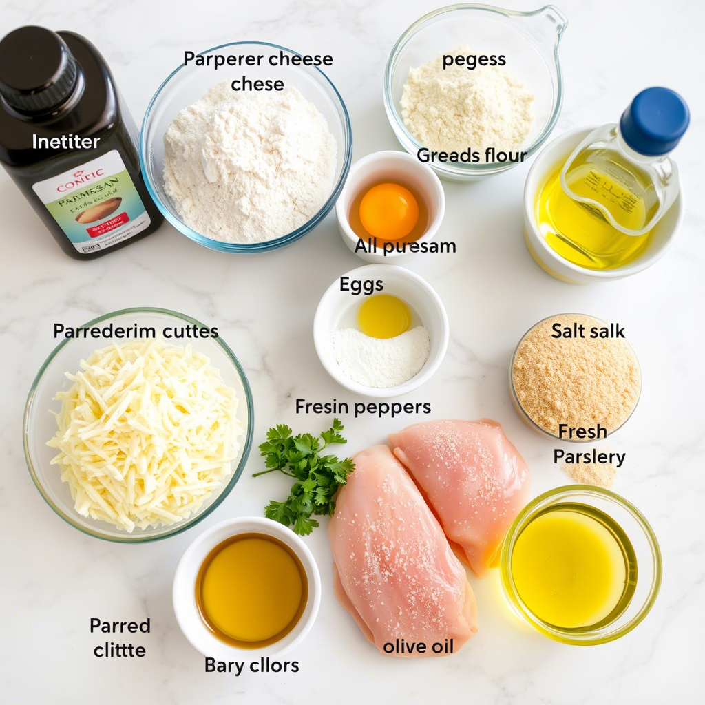 Ingredients for Parmesan chicken including cheese, eggs, flour, seasonings, and chicken breasts.