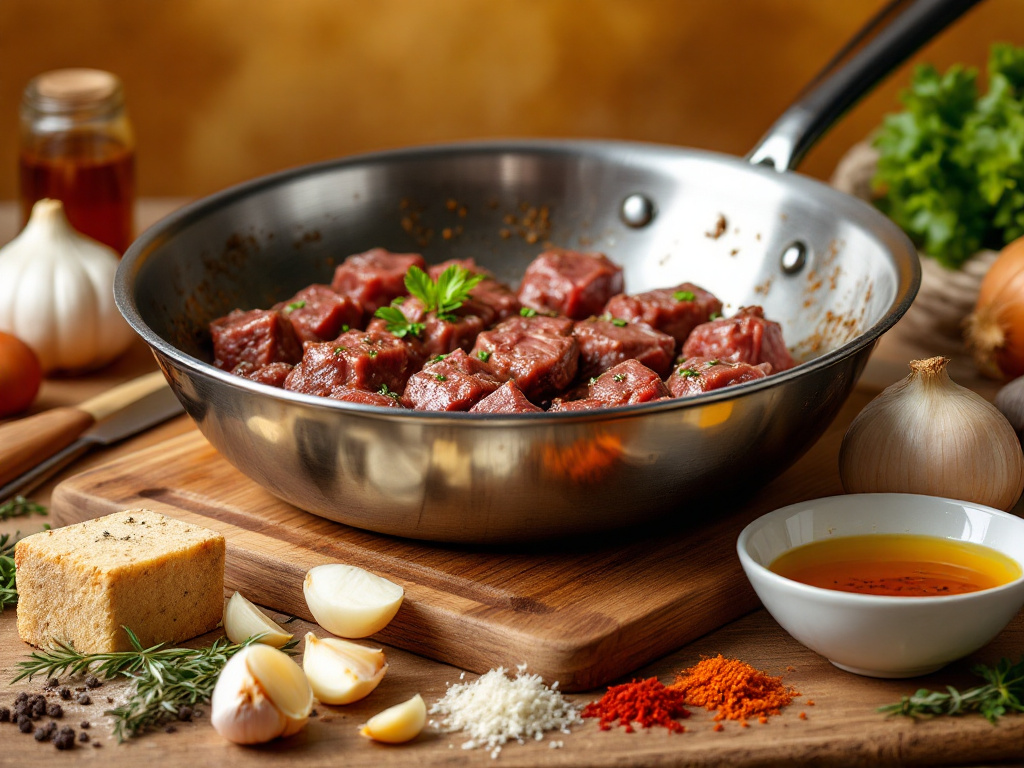 A collection of essential ingredients for Steak Bites, including beef, oil, garlic, onion, spices, and marinade, arranged for preparation.