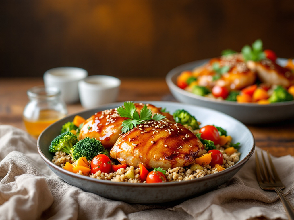 Two vibrant and nutritious Honey Chicken Bowles, featuring tender chicken glazed with honey, accompanied by colorful vegetables and wholesome grains, offering a healthier meal option.