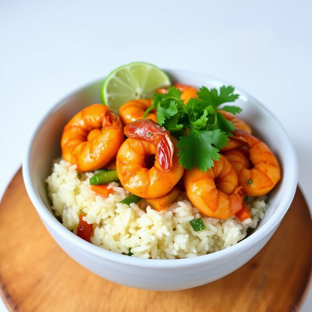 A bowl of Spicy Garlic Shrimp and Rice, featuring succulent shrimp in a spicy garlic sauce, served over fluffy rice, garnished with fresh cilantro and lime.