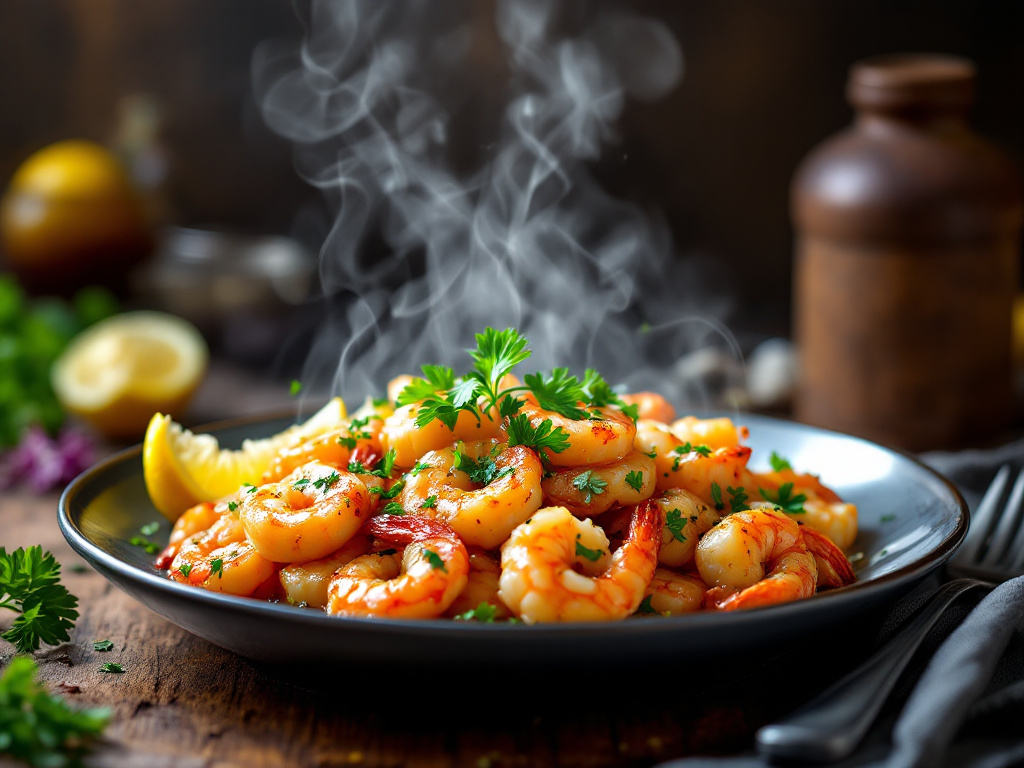 A beautifully plated dish of Honey Garlic Shrimp, showcasing succulent shrimp glazed in a rich honey garlic sauce, garnished with fresh herbs and served on a rustic wooden table.