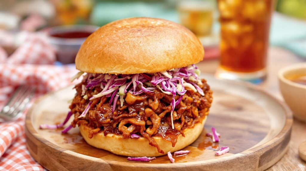 BBQ pulled "pork" jackfruit sandwich with barbecue sauce, coleslaw, and a toasted bun, highlighting jackfruit as a meat substitute.