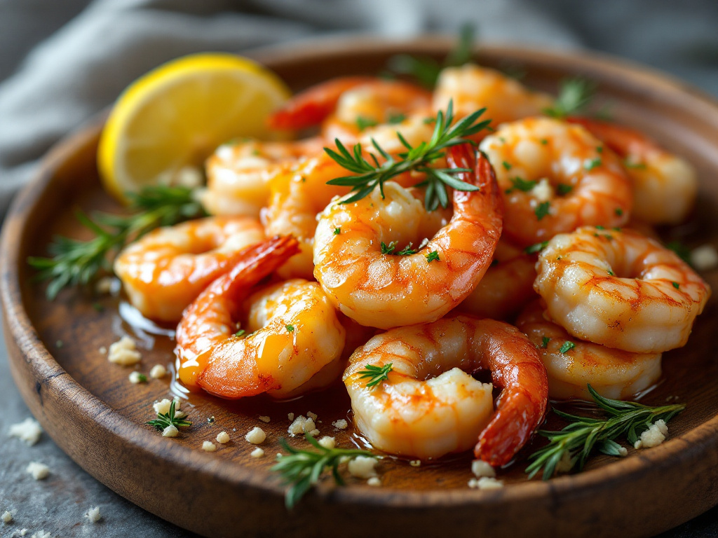 A close-up of Honey Garlic Shrimp, showcasing the glazed shrimp with a hint of garlic and honey, served on a white plate with a sprinkle of fresh herbs.