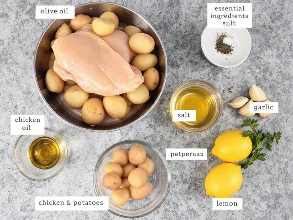 Essential Ingredients for Chicken and Potatoes recipes: chicken breasts, potatoes, olive oil, salt, pepper, garlic, herbs, and lemon."