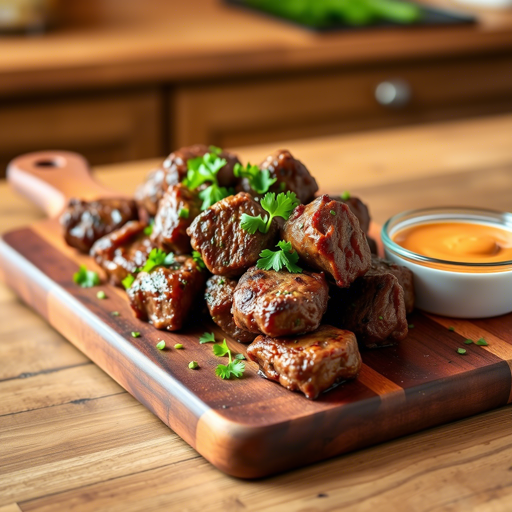 Delicious Steak Bites cooked to perfection with a focus on incredibly tender morsels, served on a wooden board with herbs and dipping sauce. Focus keyword: Steak Bites.