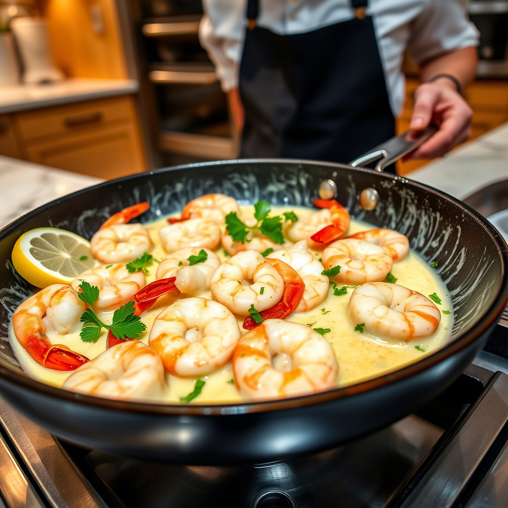 A pan of creamy garlic shrimp, highlighting the focus keyword "Creamy Garlic Shrimp