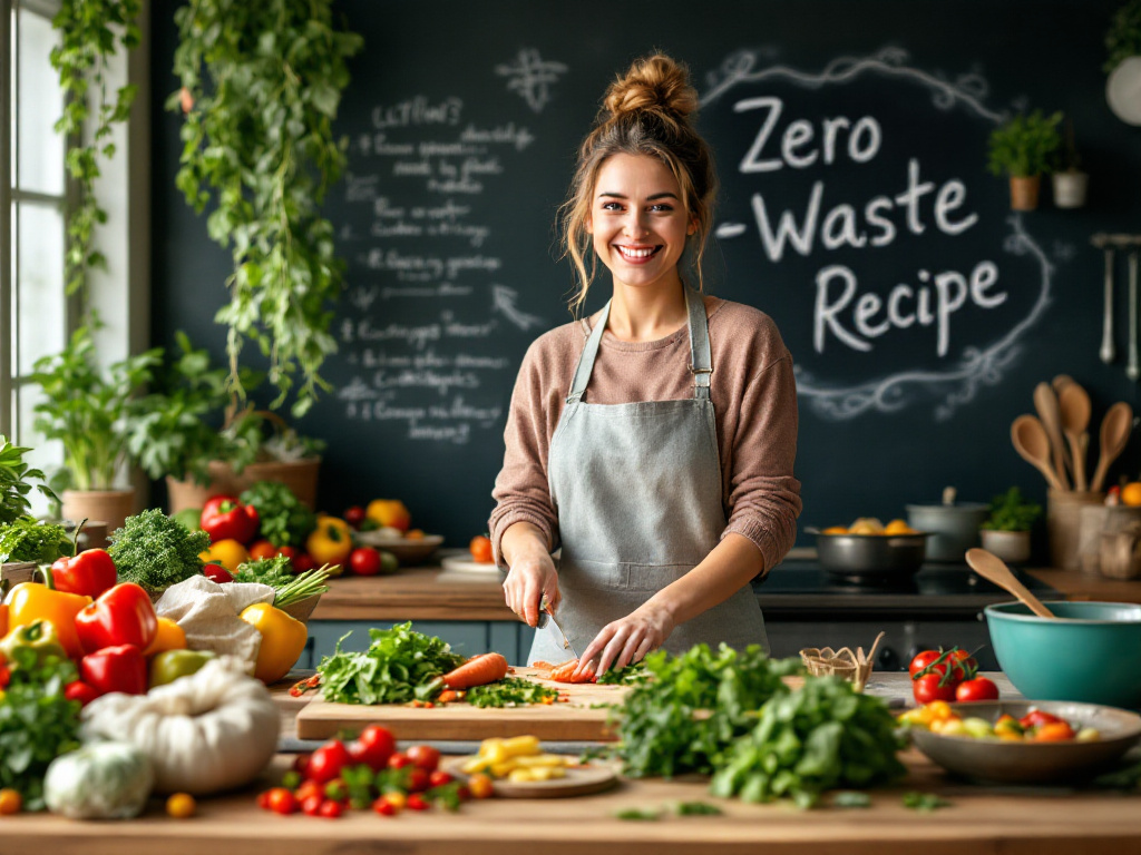 A vibrant kitchen scene showcasing a zero-waste cooking process, with fresh vegetables and reusable containers.