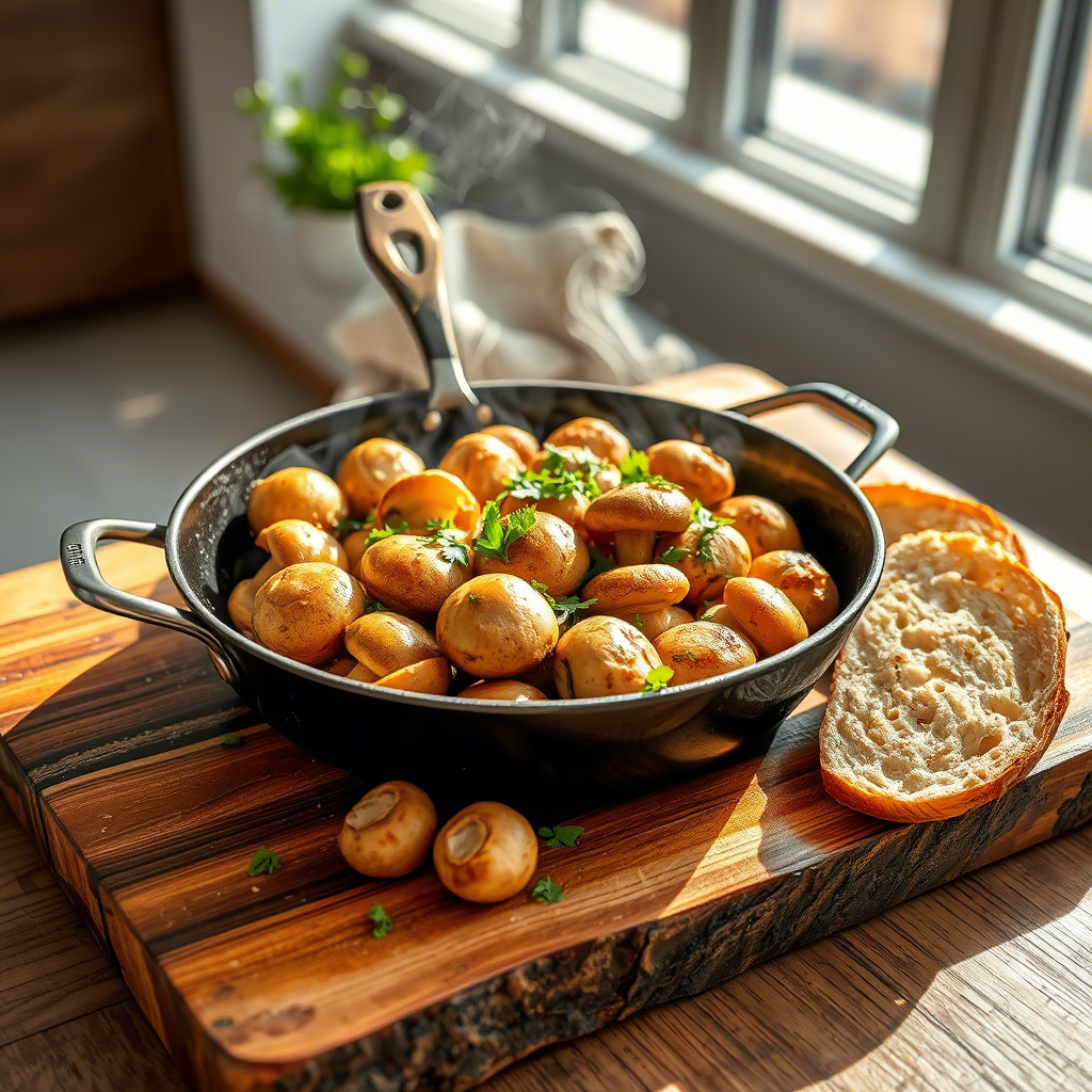 Golden Garlic Mushrooms sizzling in a black skillet, garnished with parsley, on a wooden board with crusty bread.