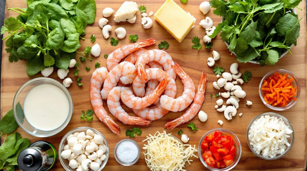  A wooden board displaying ingredients for creamy garlic shrimp, featuring the focus keyword "Creamy Garlic Shrimp