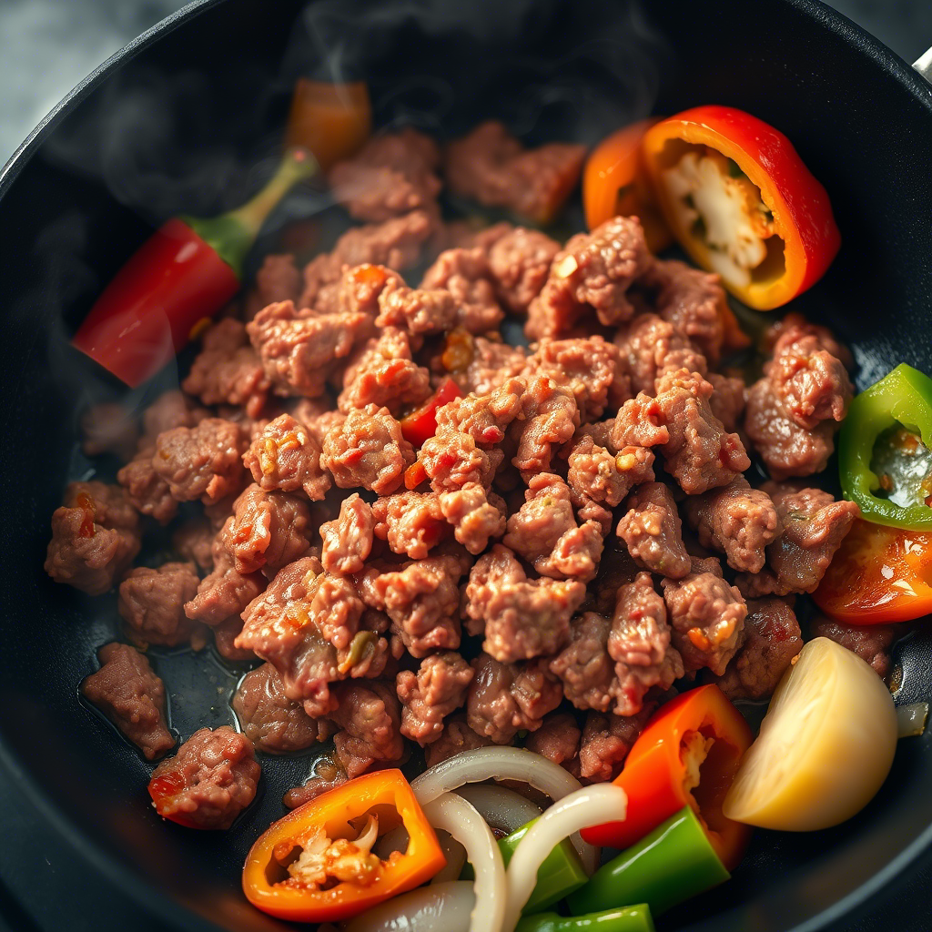 A close-up of ground beef cooking in a pan, surrounded by colorful sliced bell peppers and onions, showcasing the vibrant ingredients of a flavorful stir-fry.