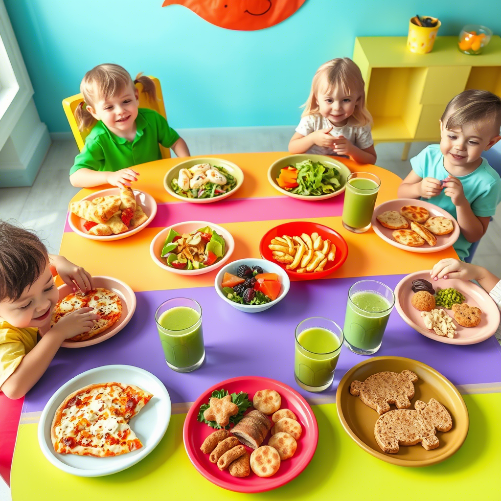 A colorful and nutritious plate of meals for kids, featuring a variety of healthy ingredients.