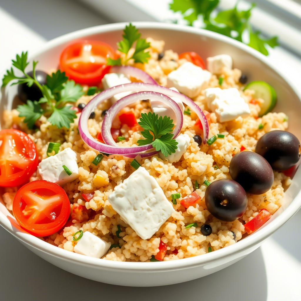 A vibrant Mediterranean Quinoa Salad with colorful vegetables and quinoa.