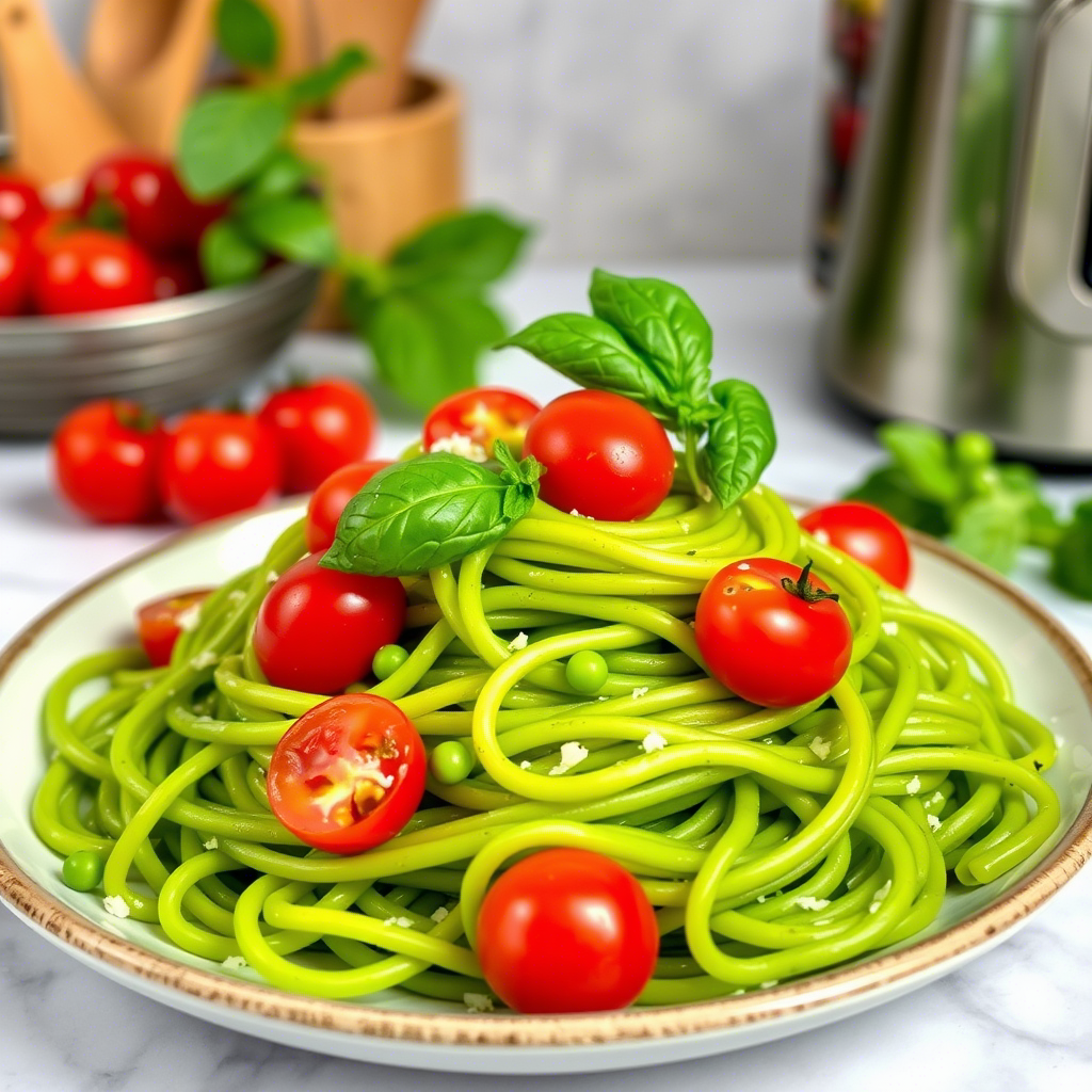 A plate of pea protein pasta, garnished with fresh herbs and vegetables, showcasing its appetizing and colorful presentation.