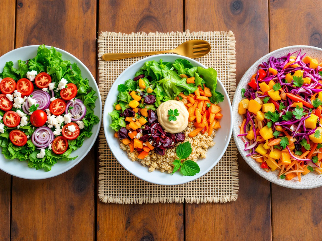 Three colorful and fresh salads and healthy dishes on a table.