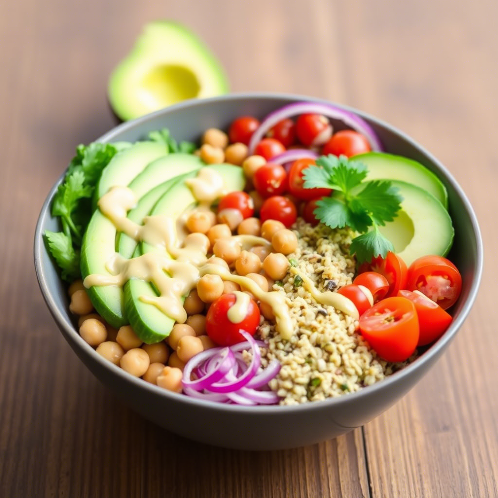 A vibrant chickpea and avocado salad with fresh vegetables and a creamy dressing.