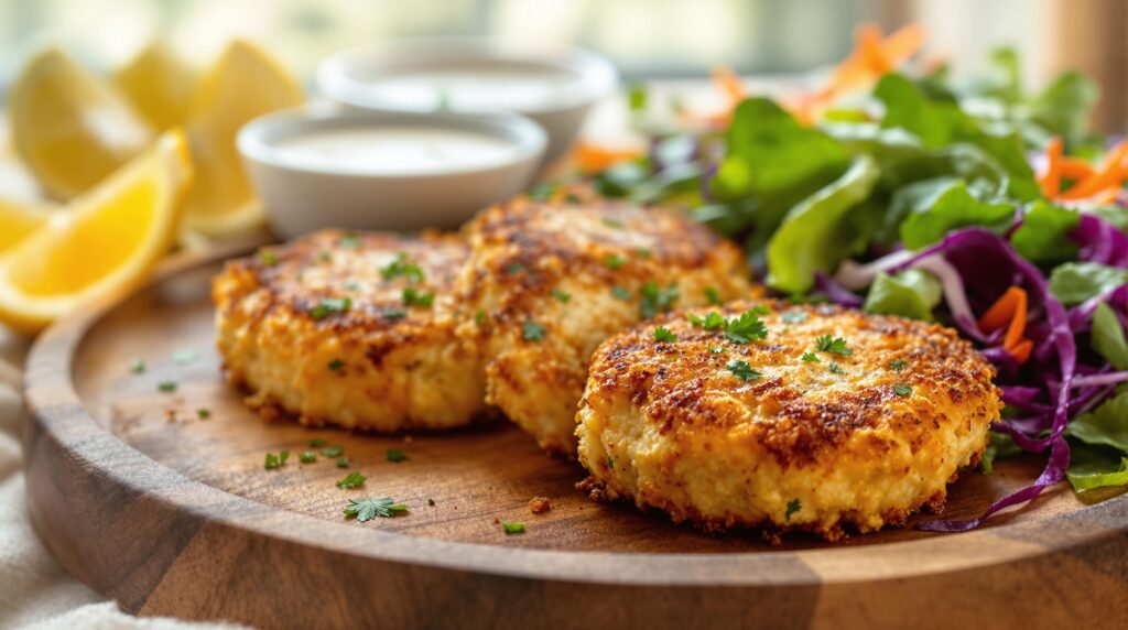 Jackfruit "crab" cakes served with fresh greens, lemon wedges, and dipping sauce, emphasizing jackfruit as a meat substitute.