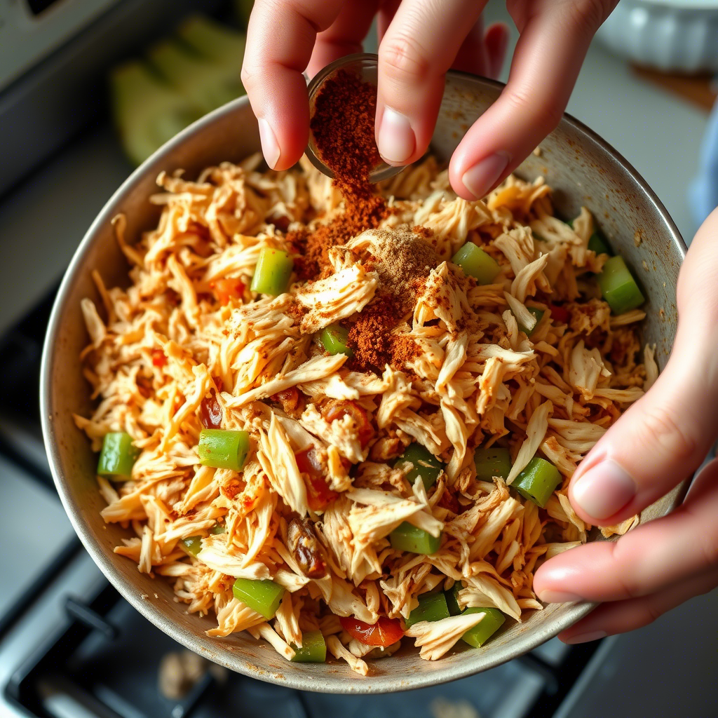 Close-up of hands sprinkling spices over a bowl of shredded jackfruit mixed with green bell peppers, highlighting the texture and versatility of jackfruit as a meat substitute for plant-based dishes.