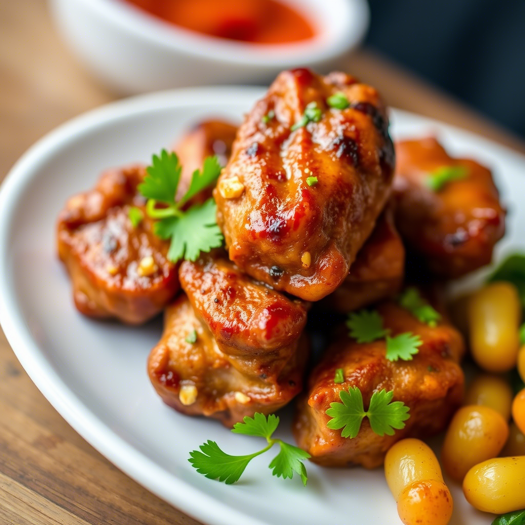 A plate of glazed Beef Bites garnished with parsley and served with roasted potatoes.