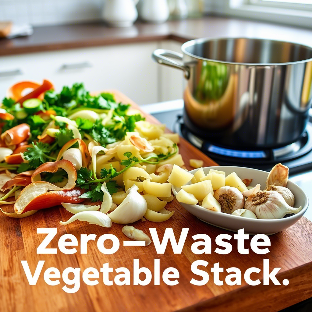 A kitchen countertop displaying essential ingredients for a zero-waste recipe, including vegetable scraps, onion, garlic, salt, water, and herbs.