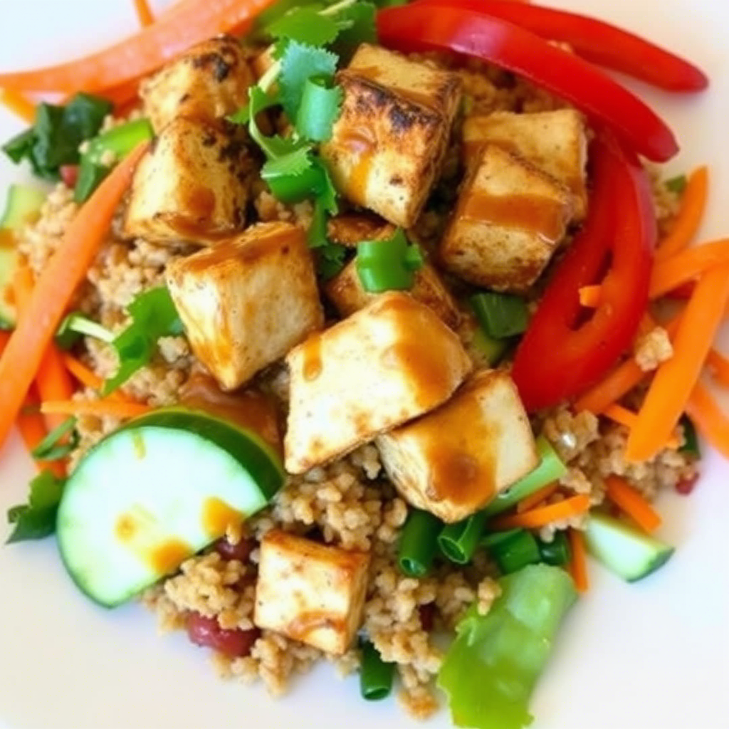 A colorful quinoa and tofu salad with fresh vegetables and a savory dressing.