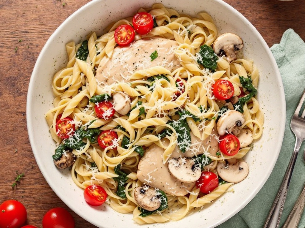 Essential Ingredients for Chicken Pasta including Chicken Breast, Pasta, Olive Oil, Garlic, Onions, Heavy Cream, Parmesan Cheese, Broth, Spinach, Mushrooms, Cherry Tomatoes, Salt, Pepper, and Italian Herbs