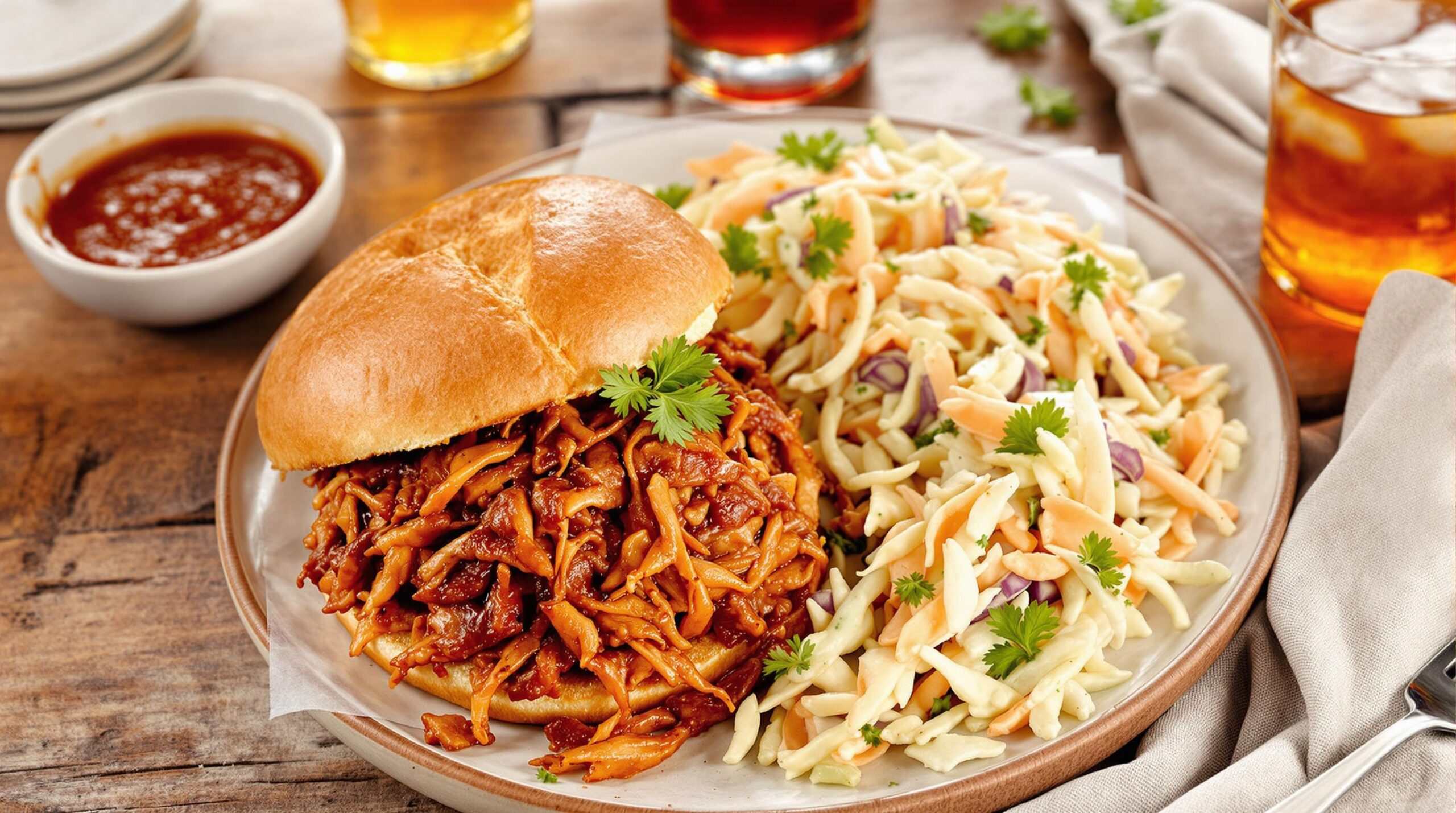 A plate of BBQ jackfruit served as a meat substitute, styled with coleslaw and a toasted bun, showcasing its texture and resemblance to pulled pork.