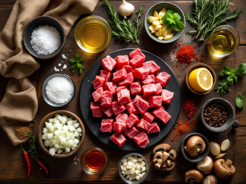 A spread of ingredients for Beef Bites, including diced beef, herbs, spices, and vegetables.